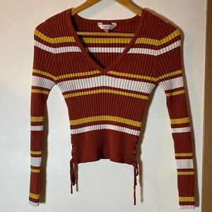 No Boundaries Rust Ribbed V-Neck Sweater with Lace-Up Sides